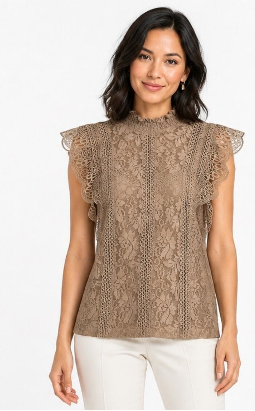 Cable & Gauge Tan Lace Hi Neck Sleeveless Blouse Top Sz XL Feminine Coquette Vtg